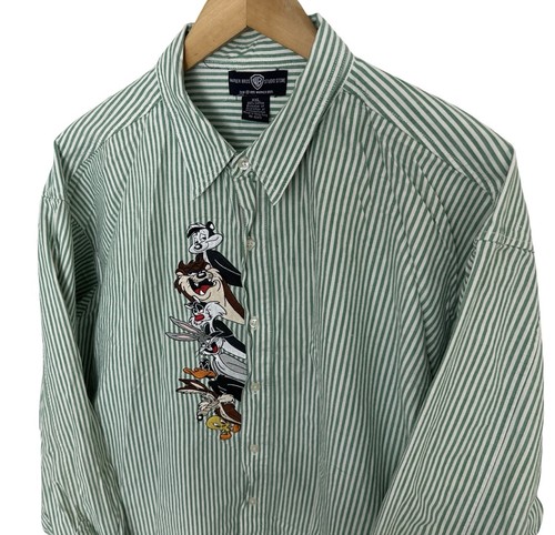 Camicia uomo vintage anni 90 Looney Tunes ricamata a righe manica lunga taglia 2XL