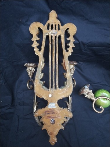 Large Palladio Italian GIlt Wood Carved Candle Wall Sconces Lyre Back 19" - Picture 4 of 14
