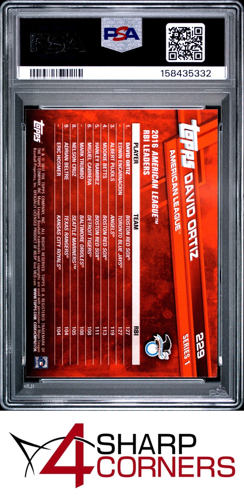 2017 TOPPS #229 DAVID ORTIZ RED SOX HOF PSA 10 view 2