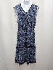 Elie Tahari Silk Floral Midi Dress Womens M Medium Blue Chiffon Boho HH11