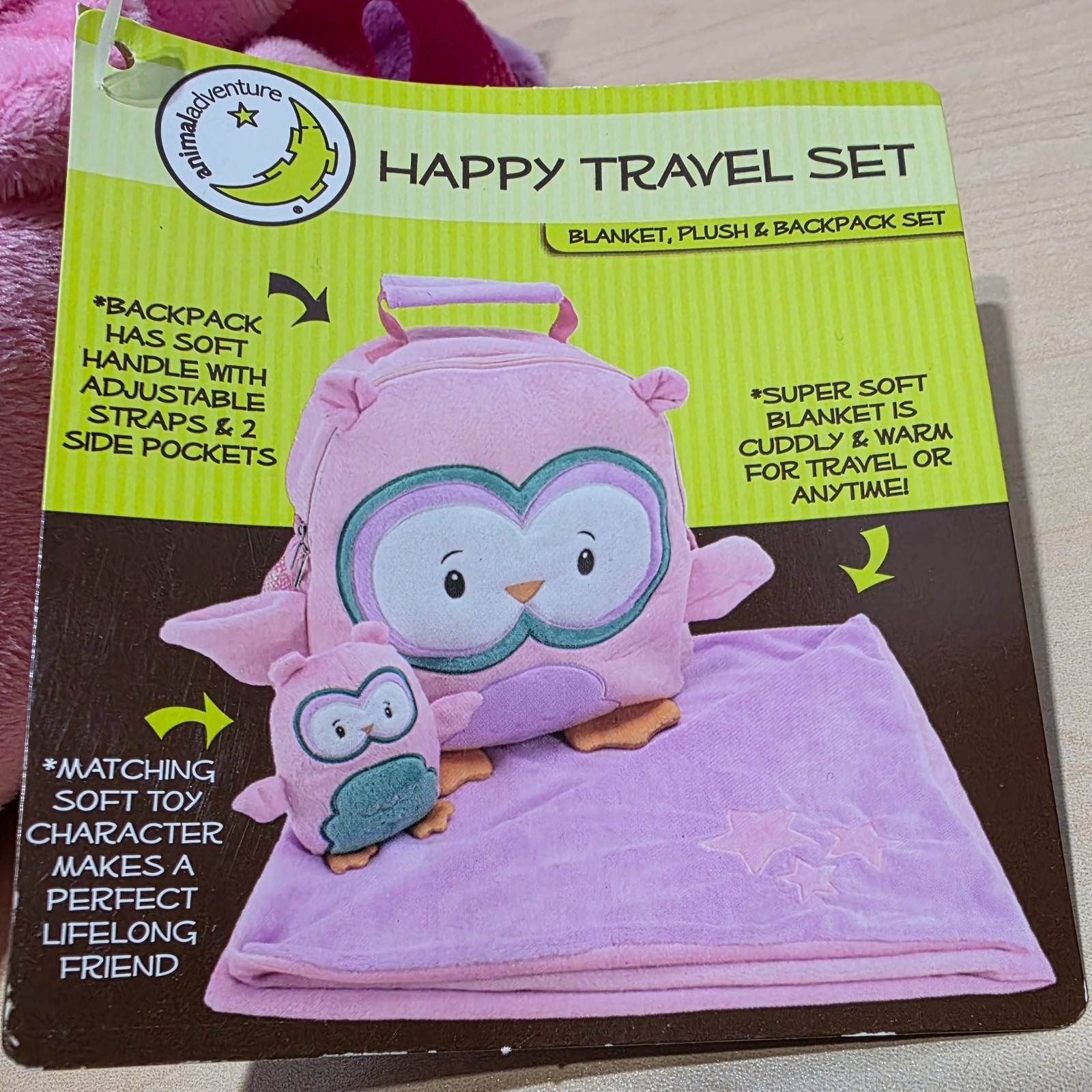 New Rare 3-Piece Pink Owl Travel Set Backpack Plush Blanket Carry On Luggage
