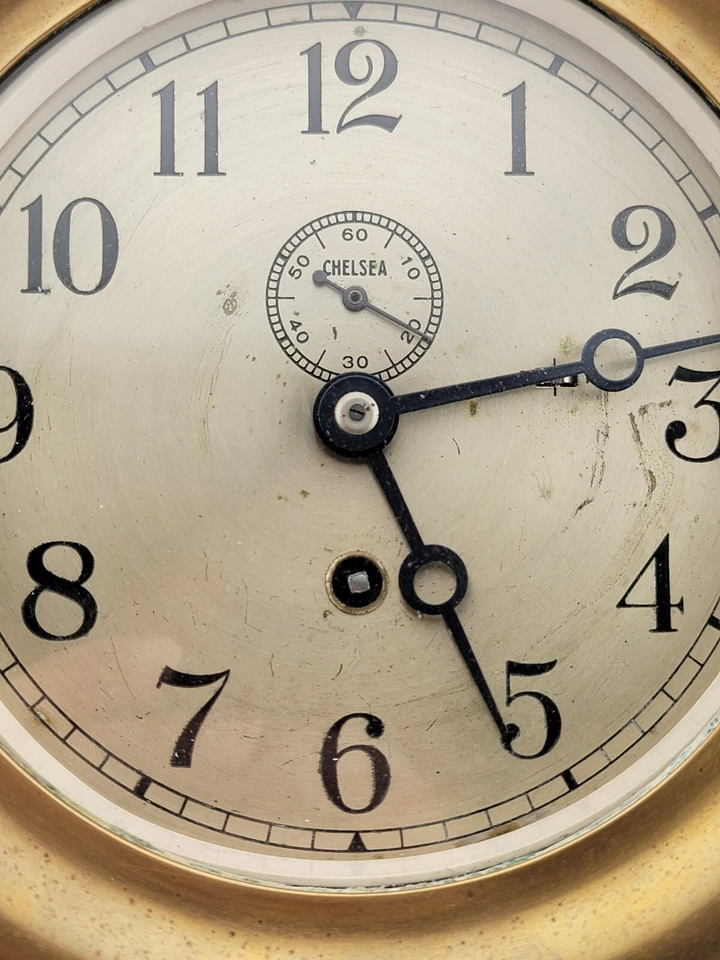 Raro Antiguo Reloj Chelsea Latón Envíos Primera Guerra Mundial Esfera 6" EE. UU. Marina circa 1910. Funcionando. Foto 3 de 4