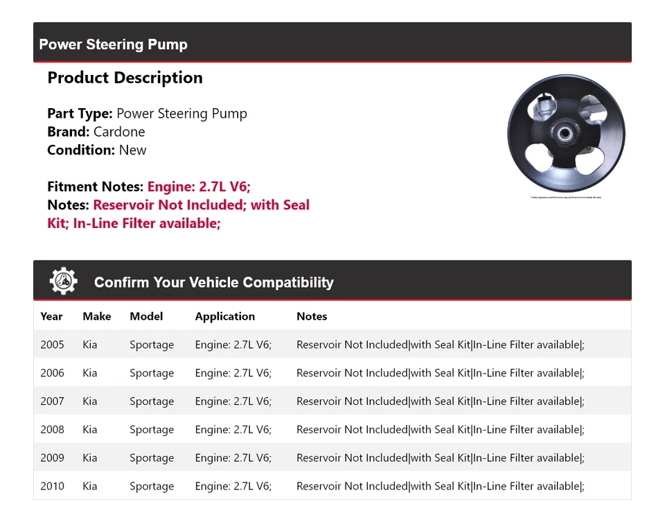 Bomba de dirección asistida Cardone para Kia Sportage 2005-2010 2,7 L V6 2006 2007 2008 Foto 2 de 4