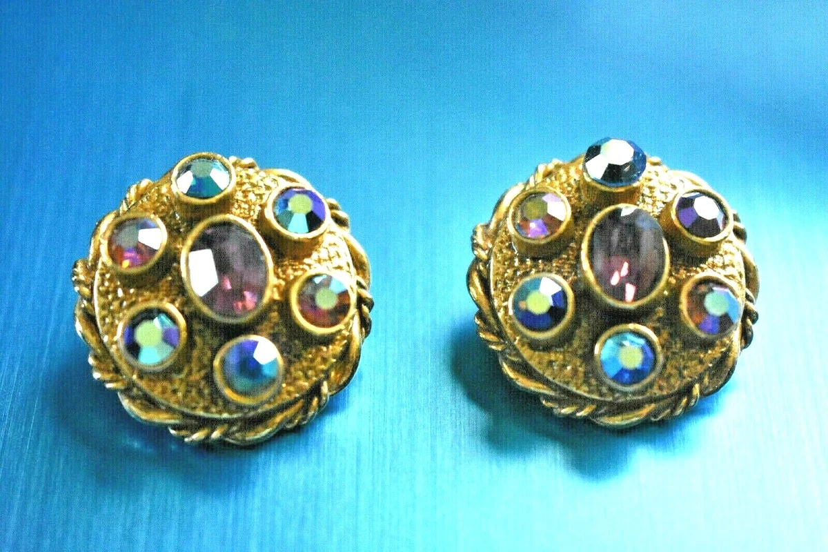 Vintage SIGNED ART AB JEWELS GLASS ETRUSCAN RHINESTONE GOLD PLATED