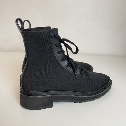 Loeffler Randall Brady Black Combat Boots Flat Stretch Knit Leather Ankle UK 5.5 - Picture 3 of 24