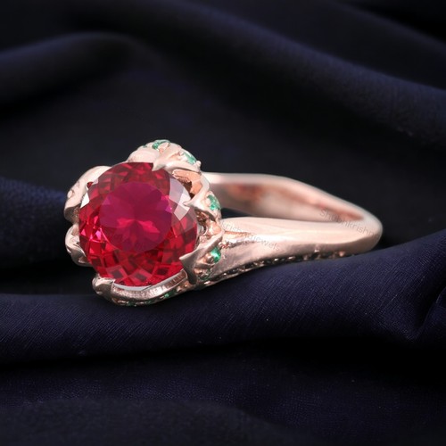 925 Sterling Silver 6 mm Round Shape Natural Pink Ruby Ring Emerald Jewelry - Picture 3 of 7