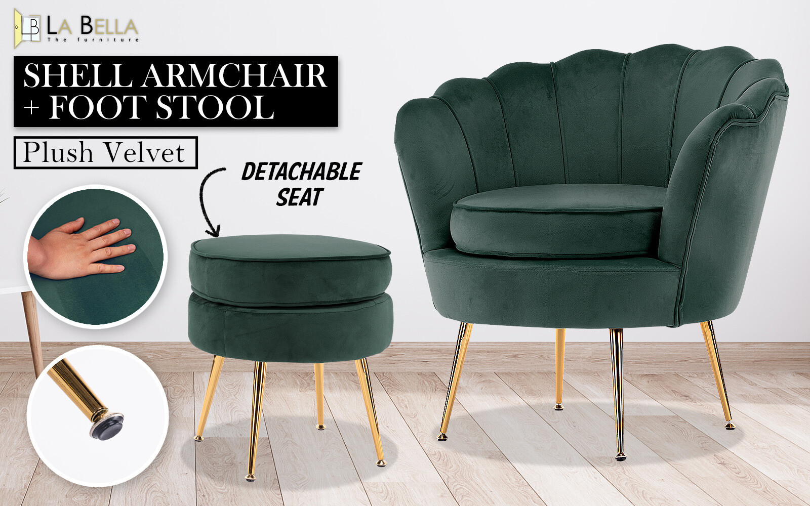 Armchair Lounge Chair Accent Velvet Shell Scallop + Ottoman Footstool ...
