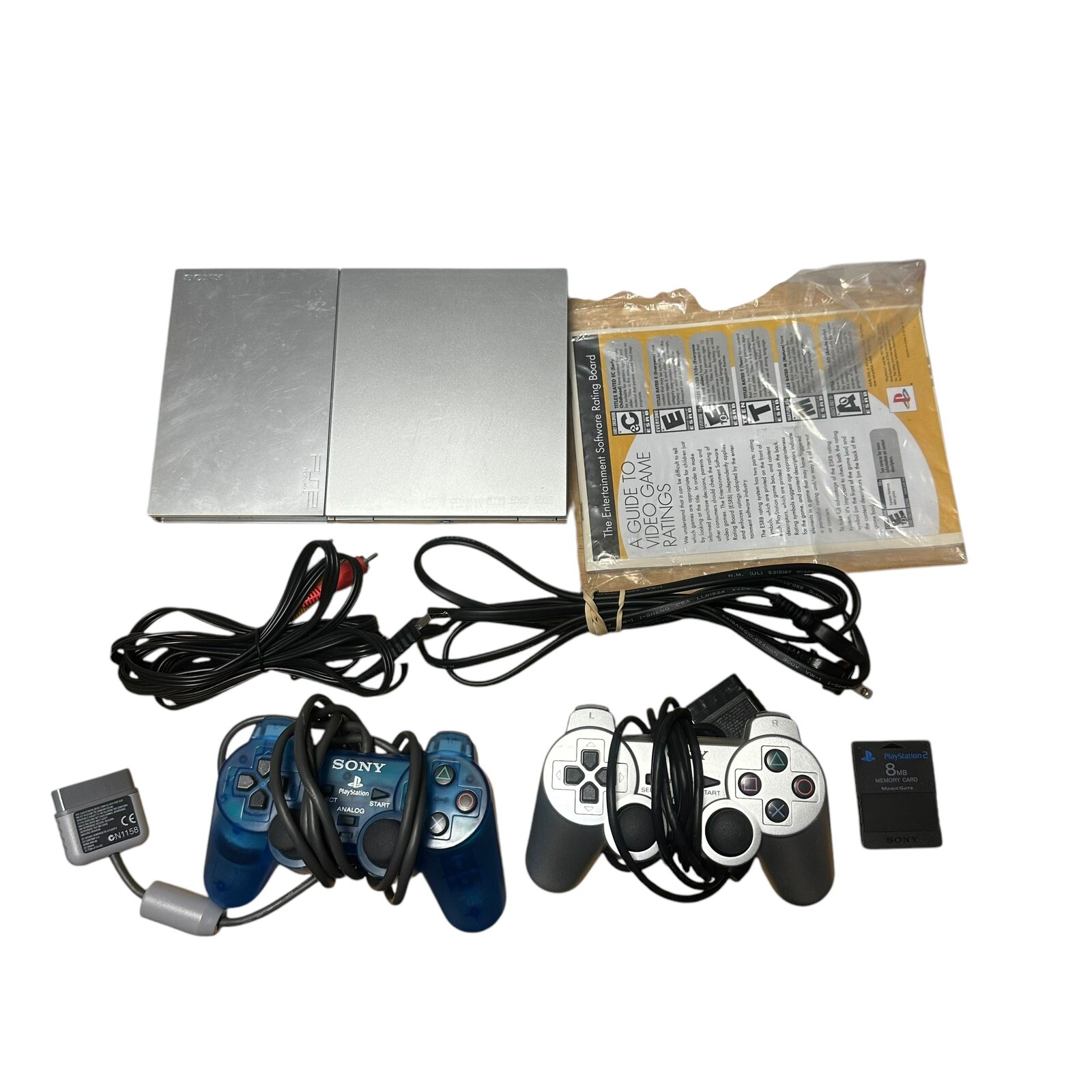 PS2 PlayStation 2 Slim Silver SCPH-90001 Console with Box & 2 OEM Controllers