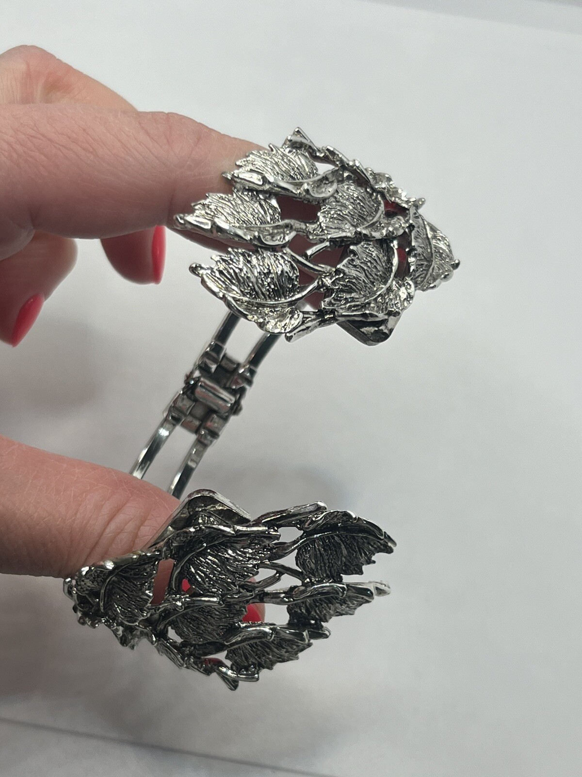 Silver tone leaf cluster clamper statement bracel… - image 6