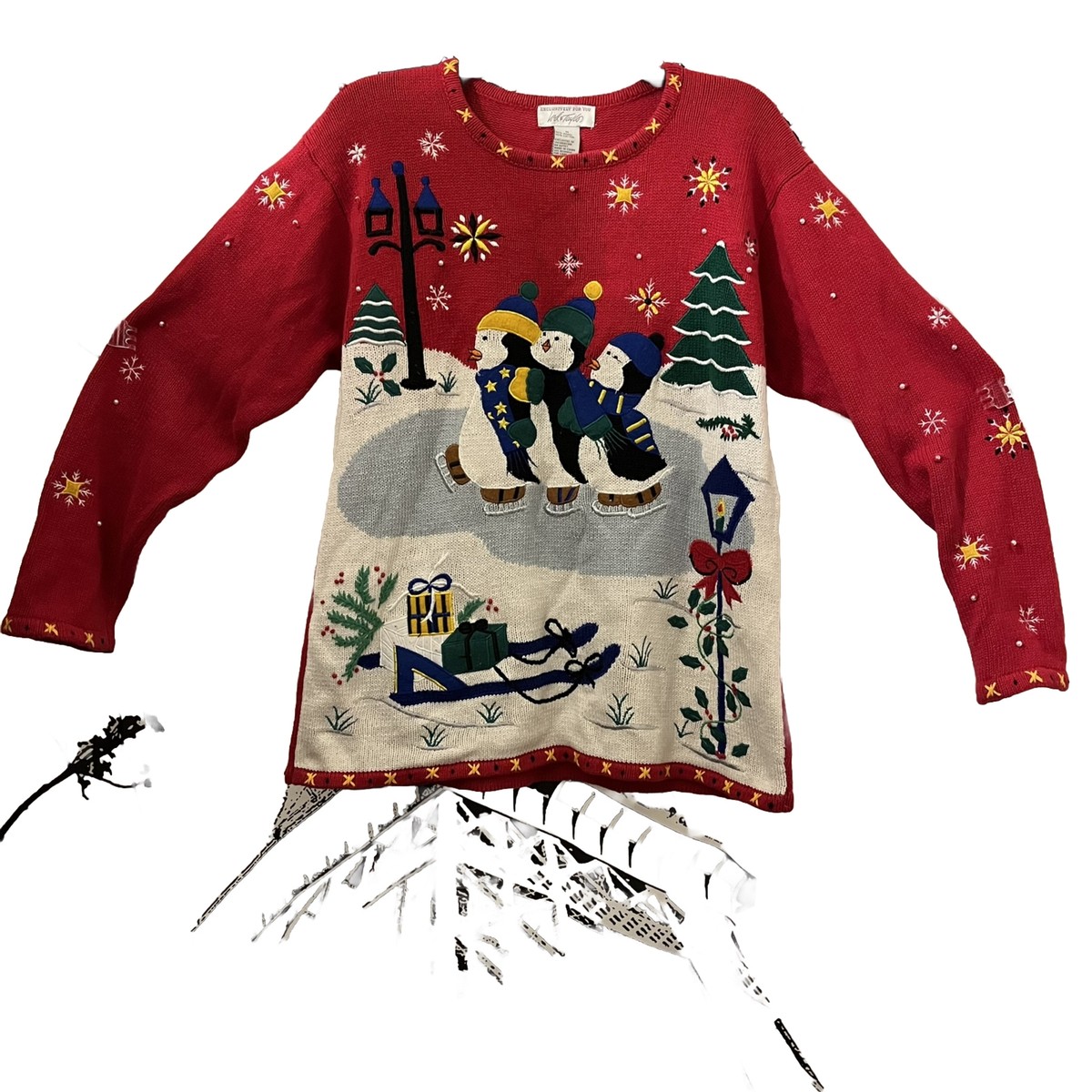 VTG Lord Taylor Christmas Sweater Ice Skating Penguins 90s Winter Red Medium eBay