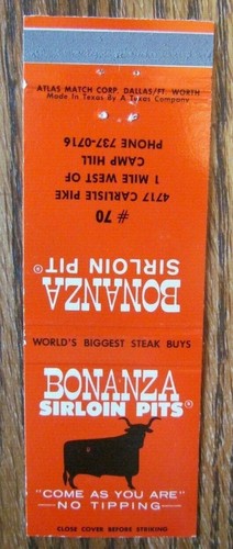 BONANZA RESTAURANT MATCHBOOK COVERS CAMP HILL PENNSYLVANIA EMPTY MATCHCOVERS E18 - Picture 2 of 3