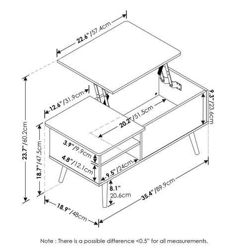 Furinno Coffee Table 35.43"x18.74"x18.9" Wood Rectangle Solid White w/ Lift Top - Picture 3 of 8