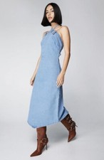 Nasty Gal Denim Tie Back Halter Midi Dress UK 8