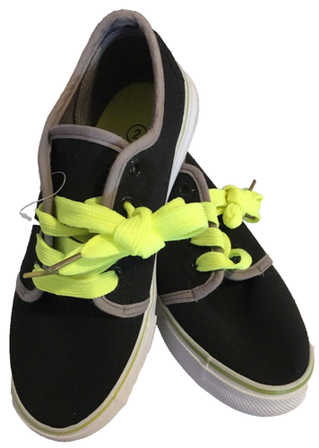 Boys Black Canvas Lace Up Shoes Choose Size 2-3 Neon Laces Gray Trim Casual NEW - Picture 5 of 16