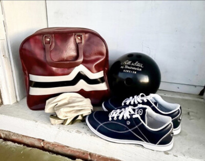 Bowling Equipment Vintage Leather Bag, Brunswick All-Star Ball, Shoes, Ball  Sack