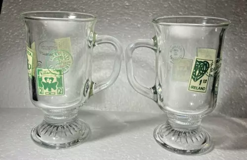Anchor Hocking Ireland Stamps Glass Footed Coffee Mug Set of 2 (two)