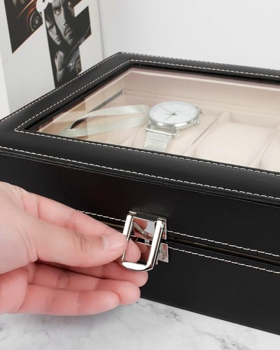 10 Slot Watch Box PU Leather Display Case Organizer Glass Jewelry Storage Holder - Bild 6 von 15