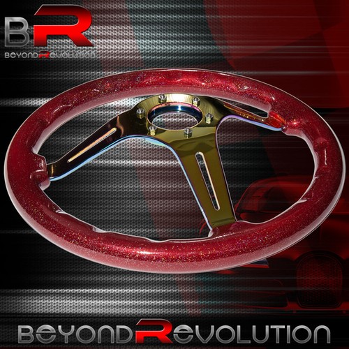Wakaba Button + Deep Dish Metallic Red Wood Neo Chrome Center Steering Wheel - Picture 2 of 4