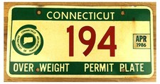 Connecticut 1986 OVERWEIGHT TRUCKING PERMIT HEAVY EQUIPMENT License Plate 194!