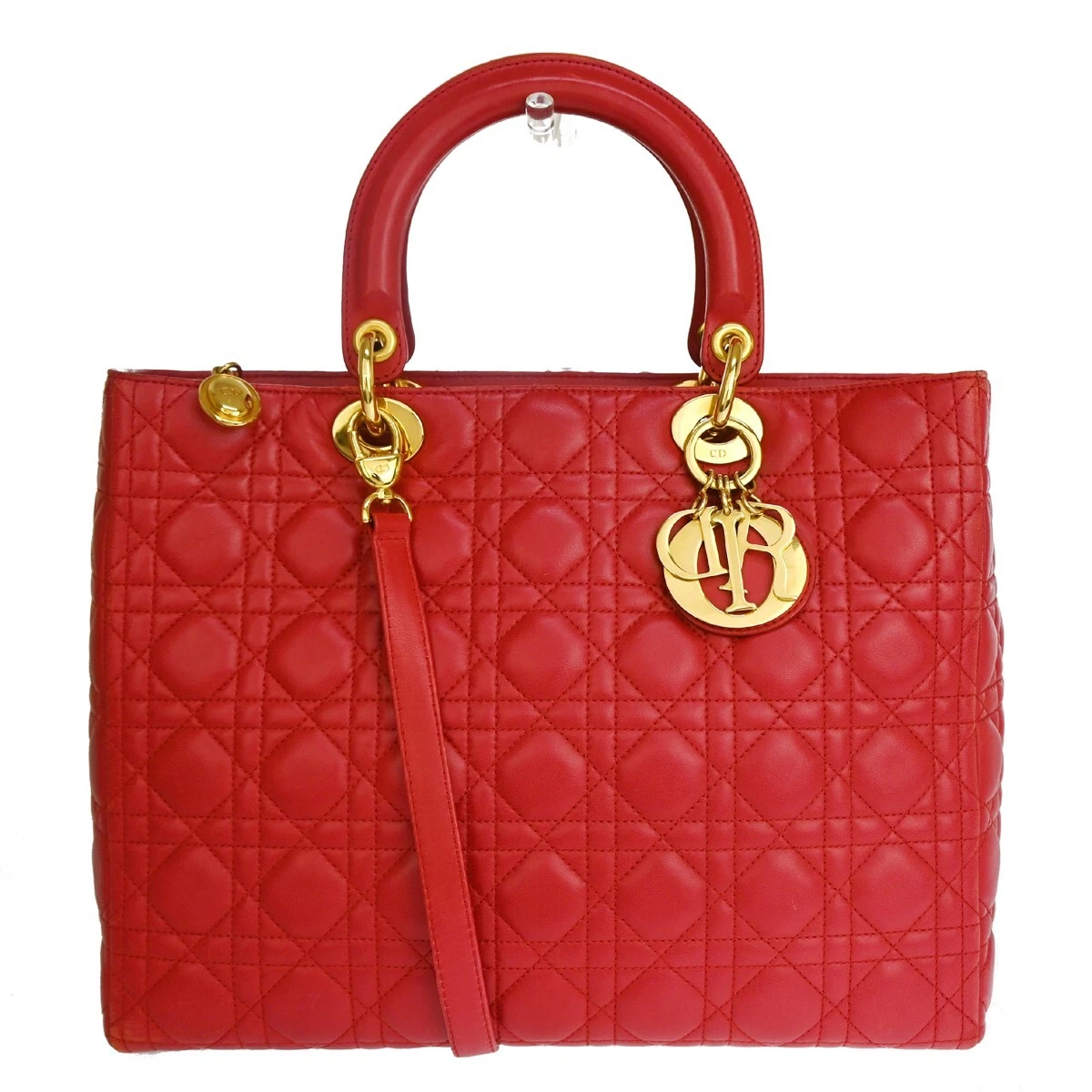 Sac fourre tout épaule main Christian Dior femme Cannage 2 voies cuir rouge GHW 675RJ337