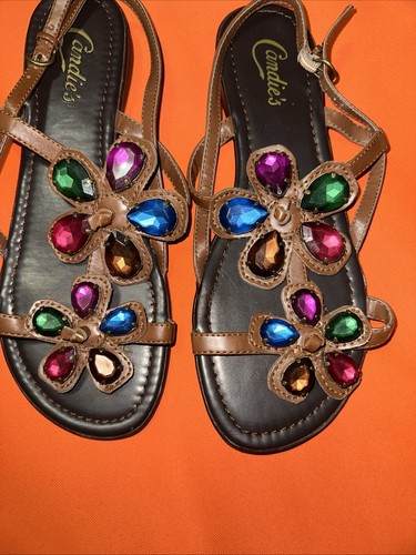 Sandalias para mujer Candie's marrón con tiras talla 7 M acentos de piedras preciosas multicolores - Imagen 2 de 6