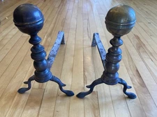 Antique 1800 Boston NY Wrought Iron Brass Andiron Early America Fireplace Tool