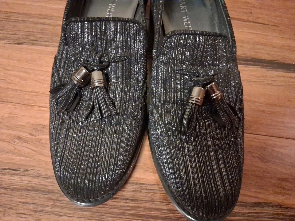 Stuart Weitzman Black Silver Fabric Tassel Detail Slip On Loafers Size 5. 5 - Image 3 of 4