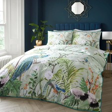 Image of Soiree Peacock Jungle Green Tropical Duvet Cover Set 100% Cotton Bedding