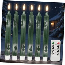 Christmas Flameless Taper Candles with Remote Timer, 6 7-White Flocked Stripex6