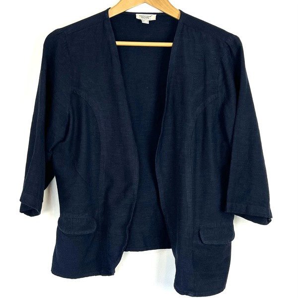 Orientique Jacket Women 12 Navy Blue Linen Blend Blazer Lightweight 3/4 Sleeves
