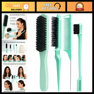 4-in-1 Boar Bristle Hair Brush Set with Rat Tail Comb & Teasing Brush - Frizz Co