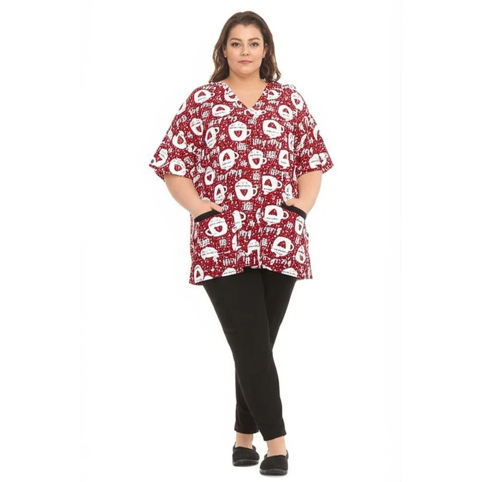 Blusa Médica Cruzada Blanca para Mujer 3XL Roja Blanca Café Cuello en V Dos Bolsillos Vacaciones Foto 2 de 4