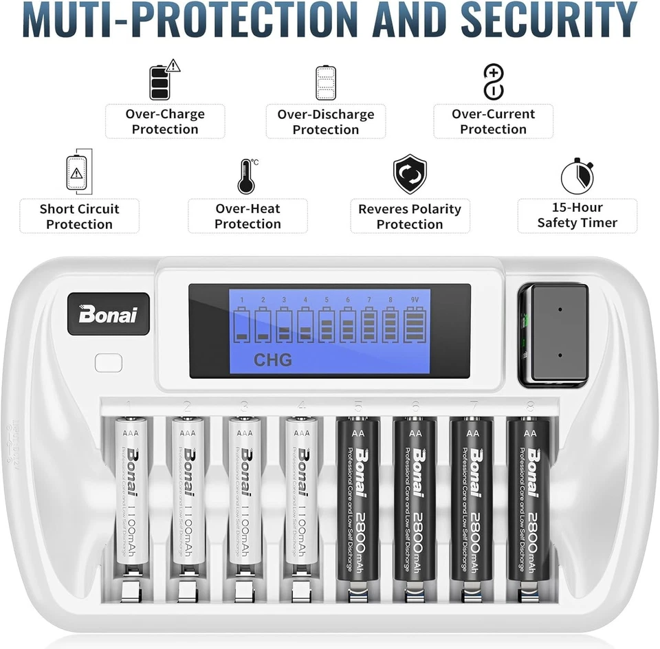 BONAI Ladegerät 9 Slot LCD Akkuladegerät AA AAA 9V NI MH NI CD Entladefunktion - Bild 4 von 4