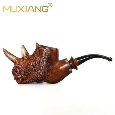 MUXIANG Rustic Rhino Pipe Handmade Carved Briar Pipe Wooden Tobacco Pipe Ebonite