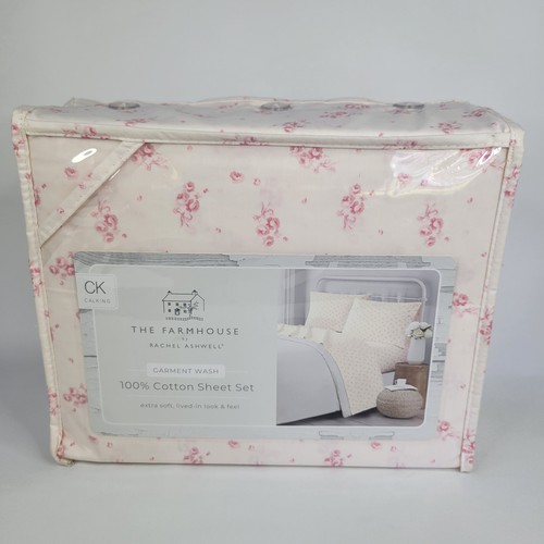 R Ashwell Farmhouse Shabby Chic CAL KING Sheets Set Pastel Pink Roses Cotton 4pc - Picture 2 of 12