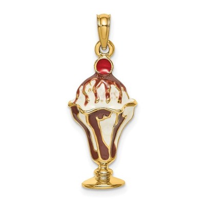 14k Gelbgold Schokolade Eisbecher mit Kirschdeckel Anhänger