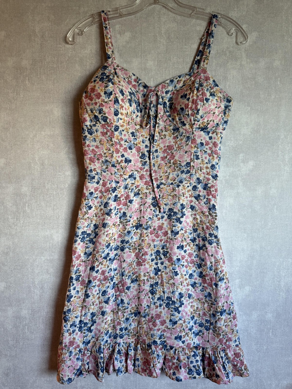 Floral Sundress Womens Medium Pink Blue Ruffle Mini Babydoll Summer Fairy-image