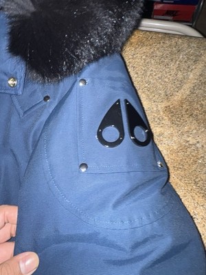 Moose Knuckles Bomber Jacket Jasper Blue Fur Trim Hood Down