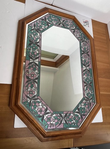 VTG Octagon Stained Glass Style Floral Mirror 1980s Style 21 X 31” Wood Frame