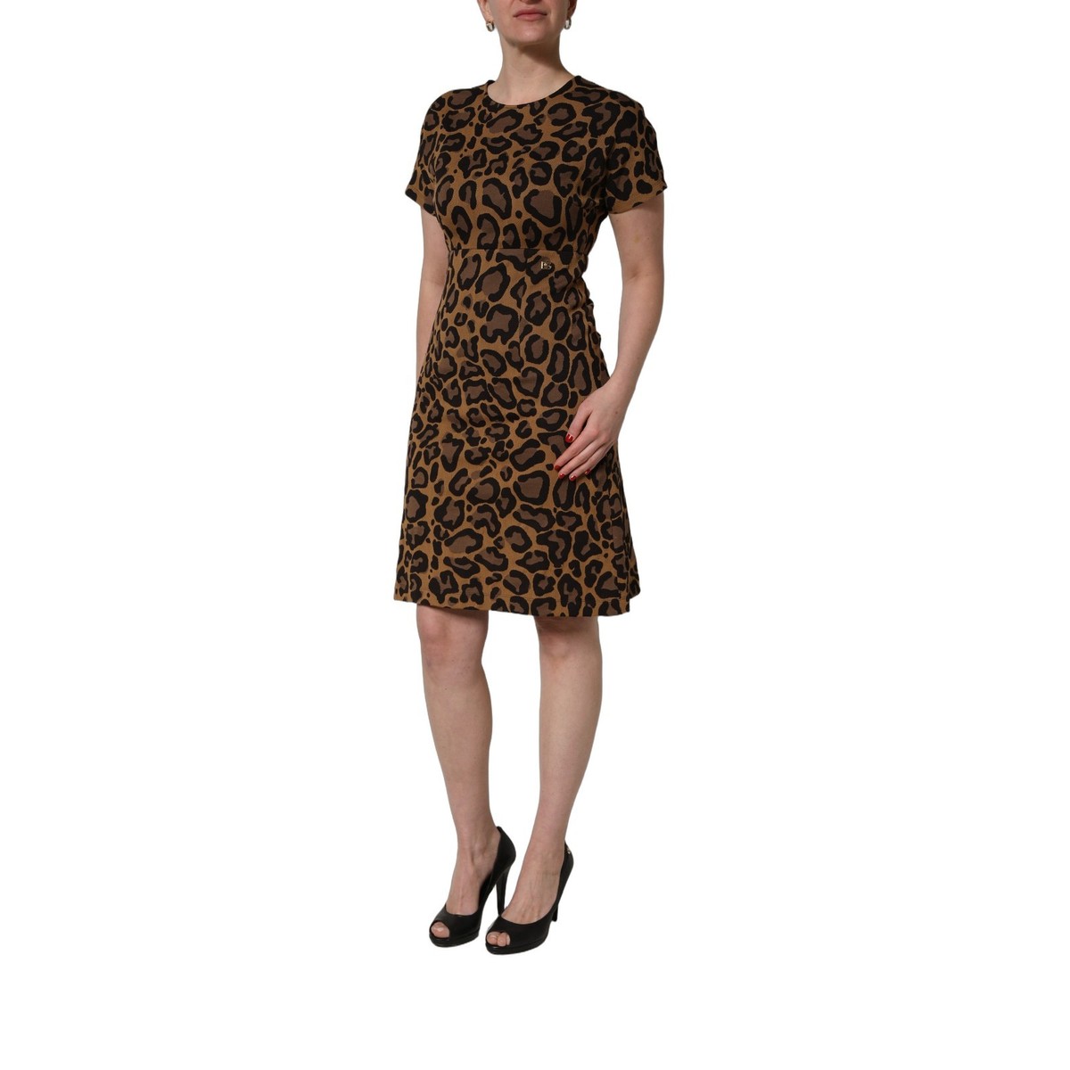 DOLCE & GABBANA Dress Brown Leopard Jacquard Knee Length IT46/US12