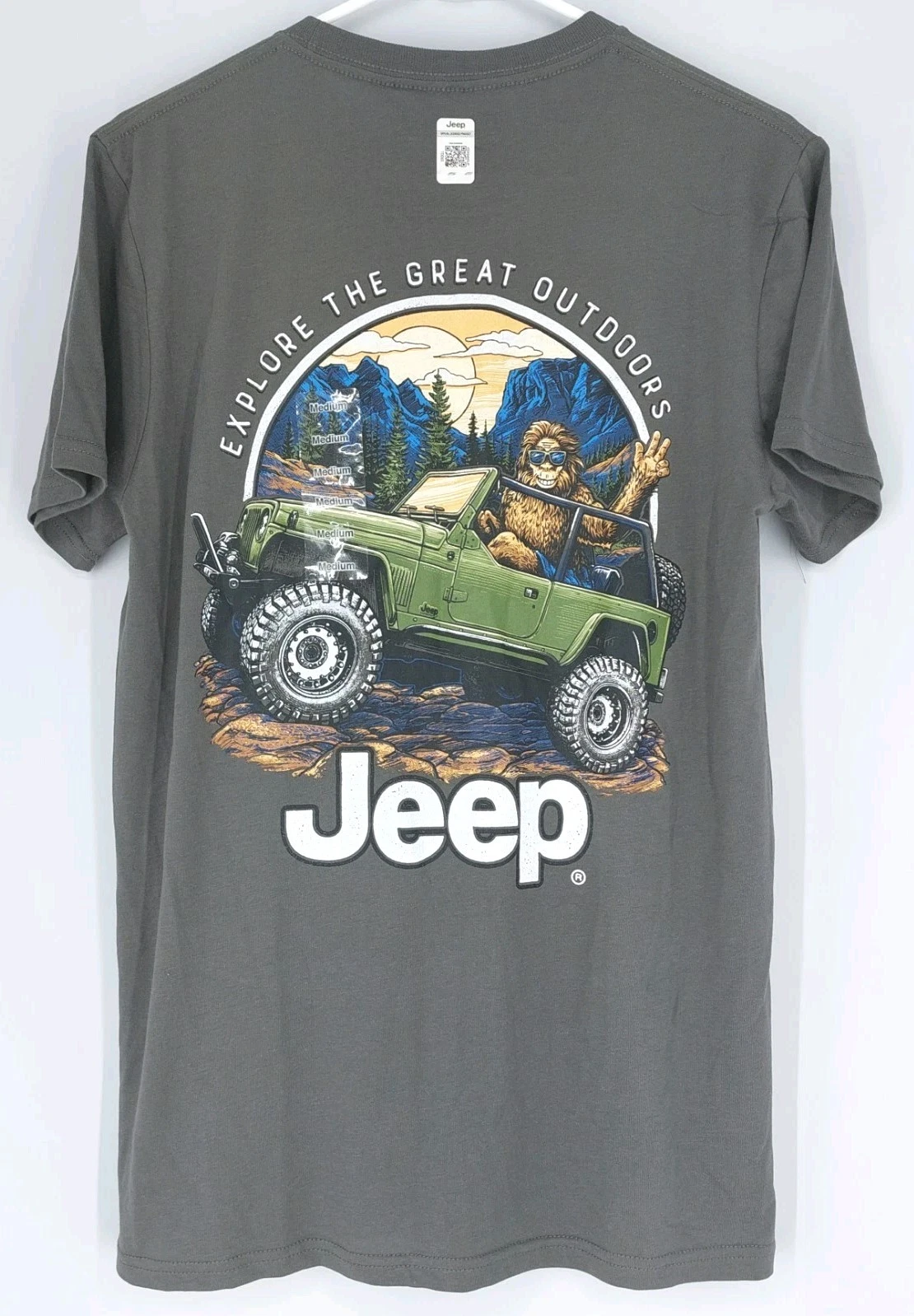 Sasquatch in a Jeep The Great Outdoors Front Logo and Back Print T-Shirt Grey