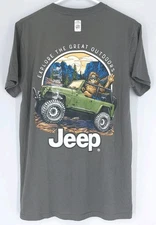 Sasquatch in a Jeep The Great Outdoors Front Logo and Back Print T-Shirt Grey