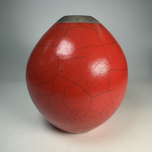 Magnífico jarrón grande de cerámica Raku Studio - Neil Richardson - esmalte rojo agrietado - Imagen 5 de 10