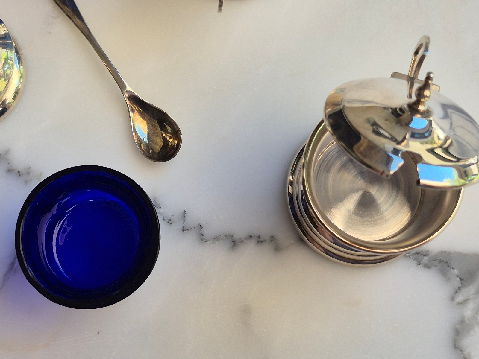 5 Piece English Sterling Silver Condiment Set, Cobalt Liners - In Original Case