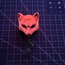 Exquisite Corpses Fox Mask Badge Reel Pulley UV Reactive - Handmade