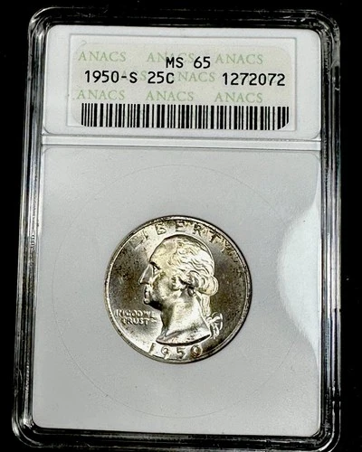 1950 S WASHINGTON QUARTER ANACS MS 65 OLD HOLDER #3902