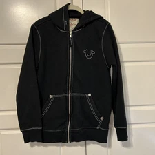 BLACK TRUE RELIGION FULL ZIP UP HOODIE VINTAGE DOUBLE CONTRAST STITCH SIZE SMALL