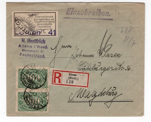 ALTENA GERMANY 1923 REGISTERED COVER W/ CORRESPONDENCE CLUB LABEL / SEAL - 第 1/2 張圖片