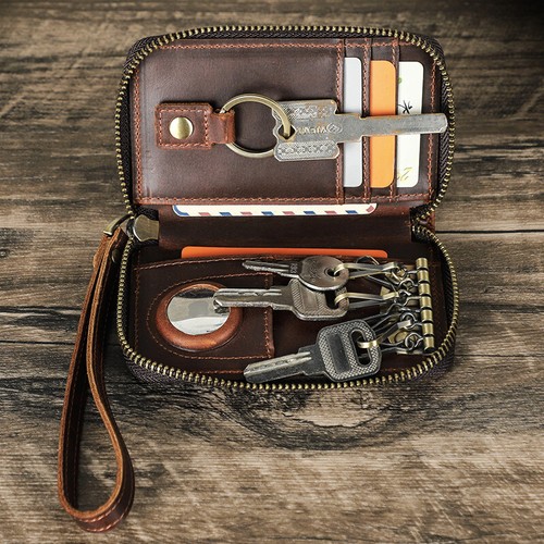 Echt Leder RFID Schlüsseltasche Schlüsselmäppchen Geldbörse Für AirTag 3 Karten - Bild 1 von 10