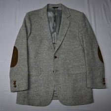 Vtg 90s 42R Gray White Herringbone Tweed Wool Mens Blazer Jacket Sport Coat